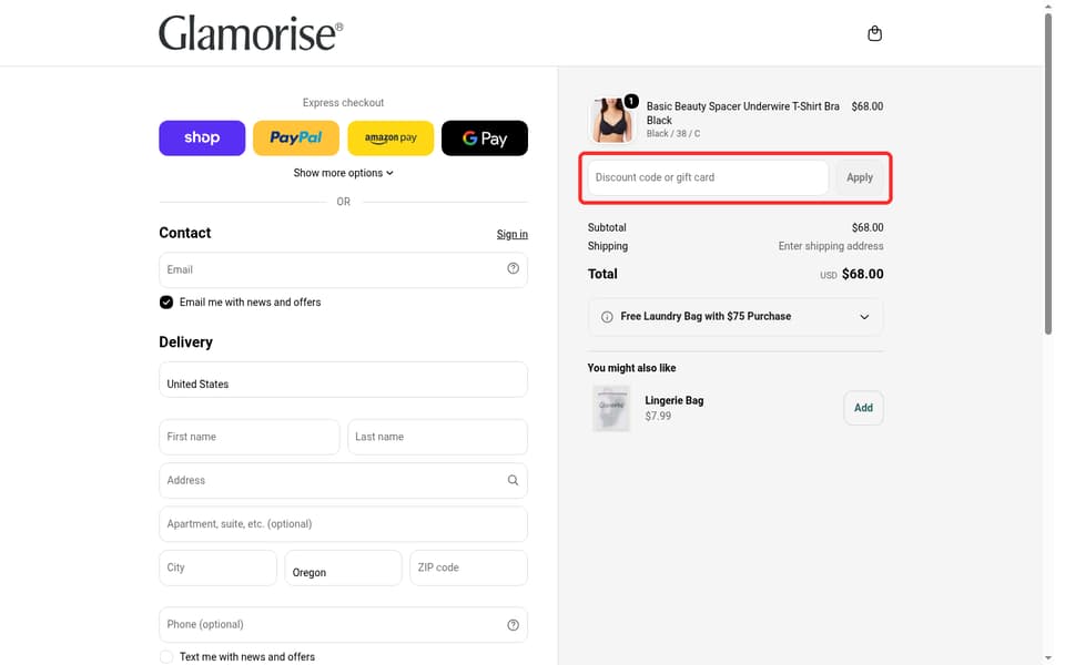 Glamorise checkout page showing the Discount code or gift card field and Apply button