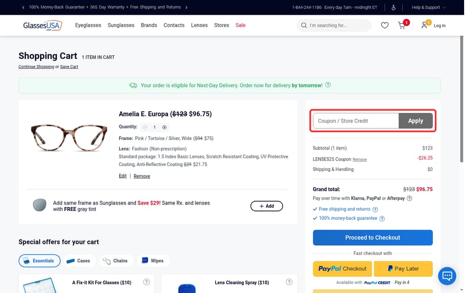 GlassesUSA checkout page showing the Coupon / Store Credit field and Apply button