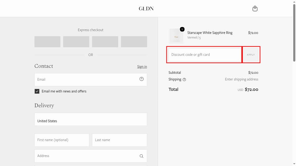 GLDN checkout page showing the Discount code or gift card field and Apply button