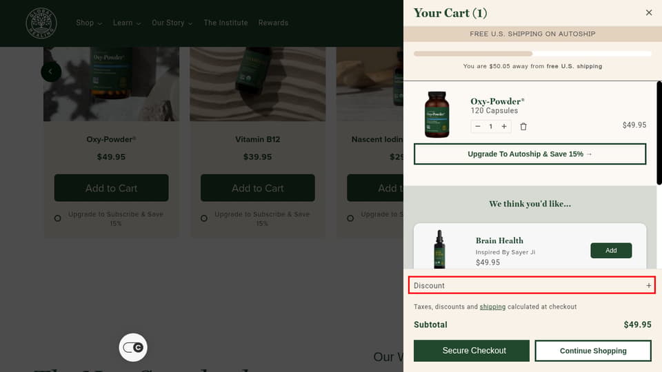 Global Healing checkout page showing the Discount Code field and Apply button