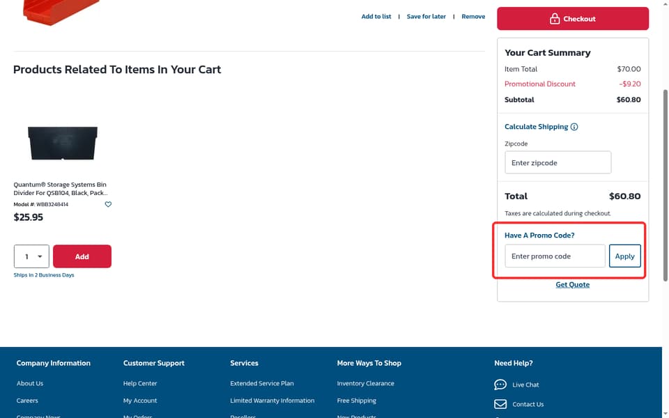 Global Industrial checkout page showing the Enter promo code field and Apply button