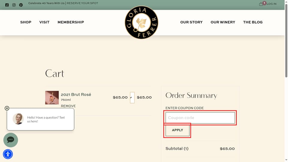 Gloria Ferrer checkout page showing the Coupon code field and Apply button