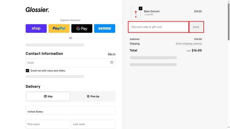 Glossier checkout page showing the Discount code or gift card field and Apply button