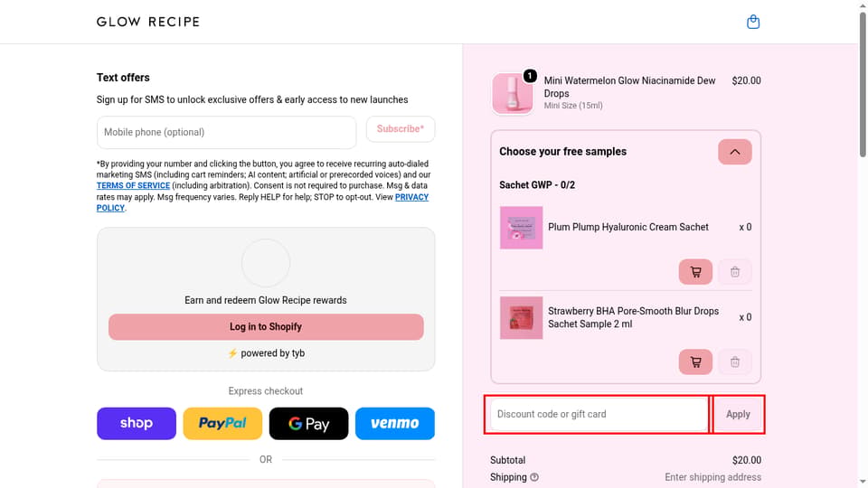 Glow Recipe checkout page showing the Discount code or gift card field and Apply button
