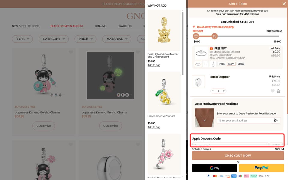 Gnoce checkout page showing the Discount code field and Apply button