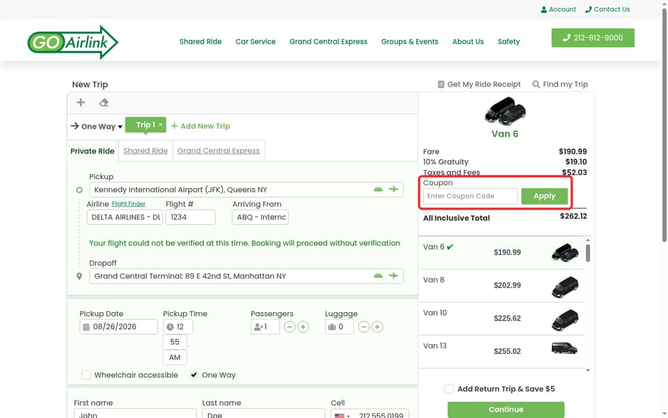 GO Airlink NYC checkout page showing the Enter Coupon Code field and Apply button