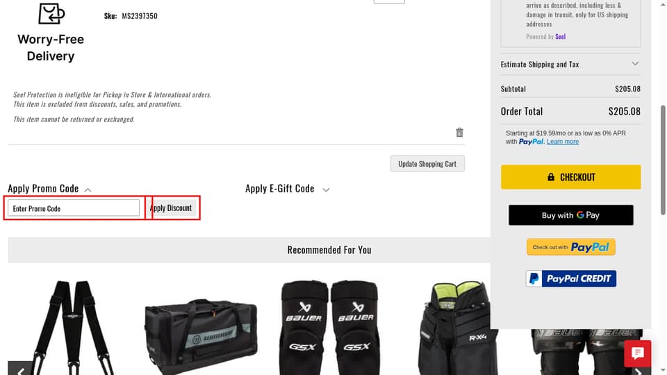 Goalie Monkey checkout page showing the Enter Promo Code field and Apply Discount button