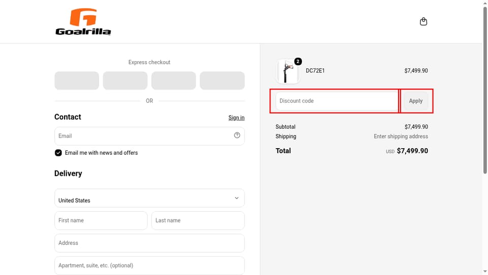 Goalrilla checkout page showing the Discount code field and Apply button