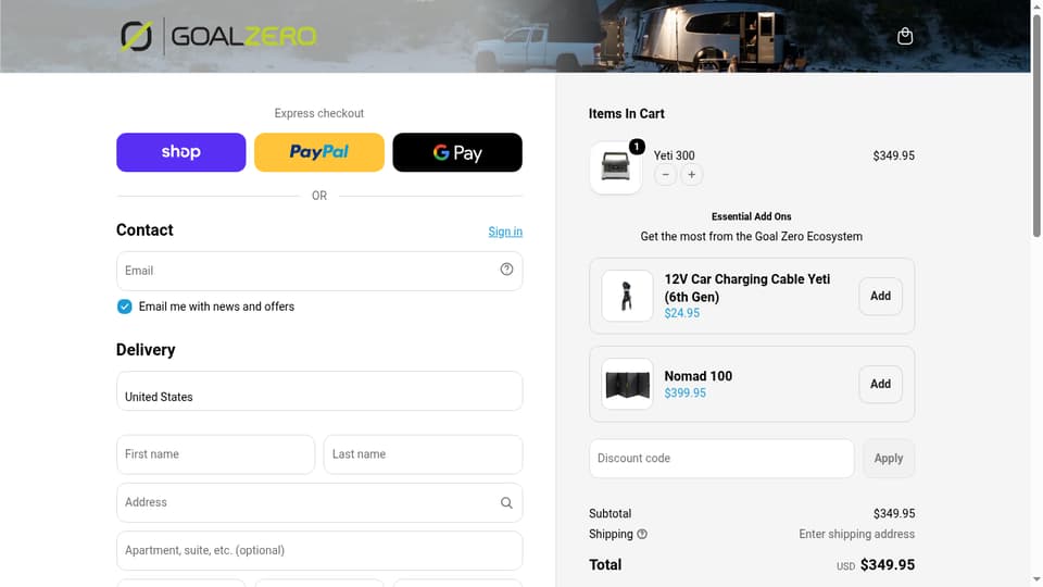 Goal Zero checkout page showing the Discount code field and Apply button
