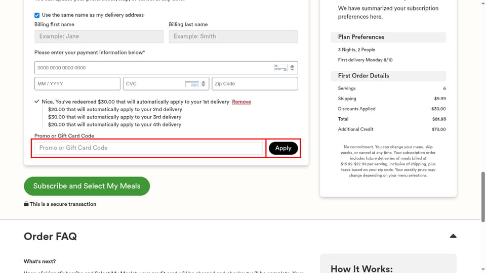 Gobble checkout page showing the Promo or Gift Card Code field and Apply button