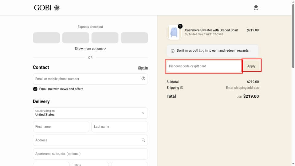 GOBI Cashmere checkout page showing the Discount code or gift card field and Apply button