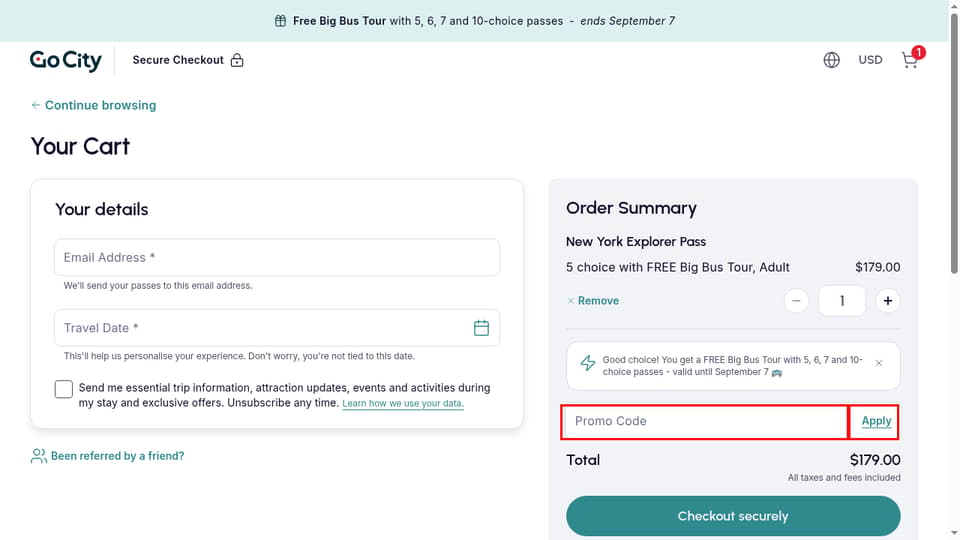 Go City checkout page showing the Promo Code field and Apply button