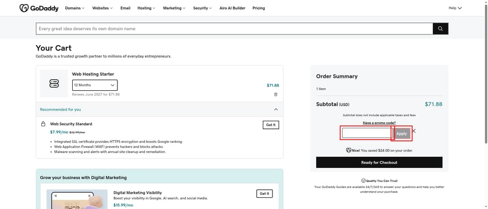 GoDaddy checkout page showing the Promo Code field and Apply button