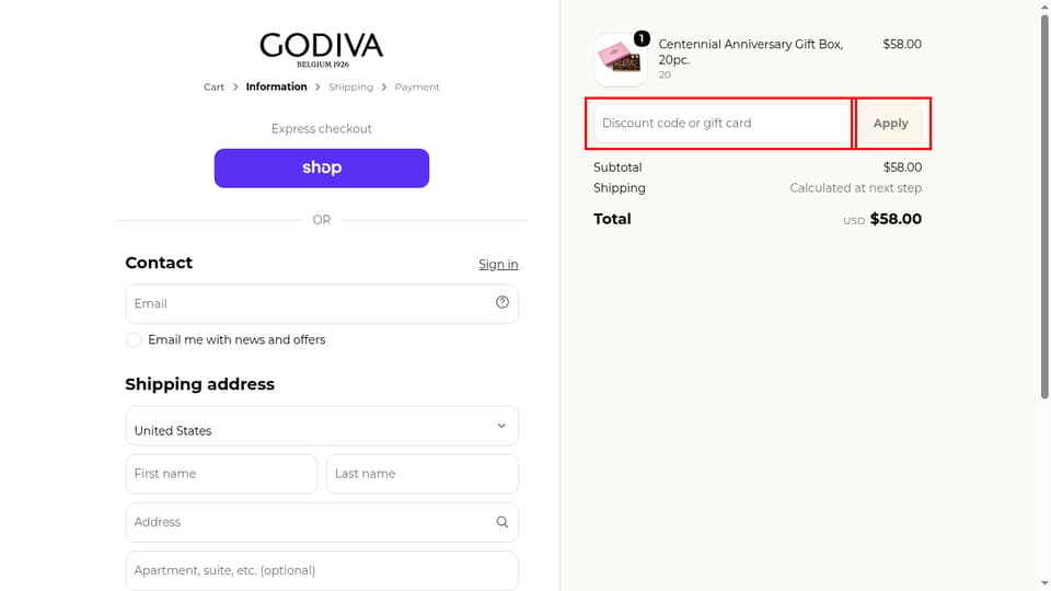 Godiva Chocolates checkout page showing the Discount code or gift card field and Apply button