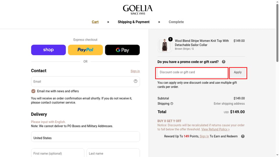 GOELIA checkout page showing the Discount code or gift card field and Apply button