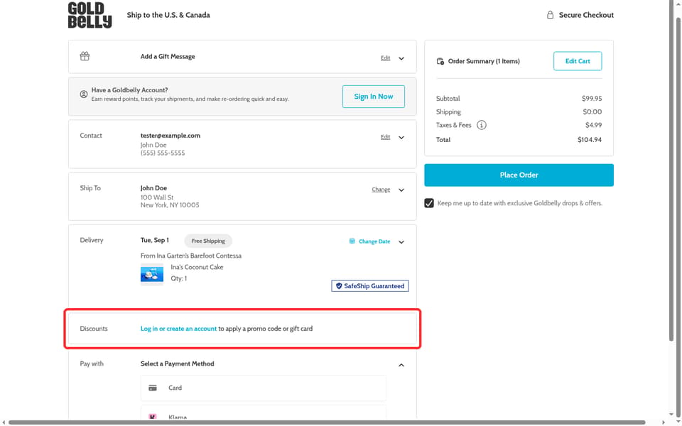 Goldbelly checkout page showing the Log in or create an account to apply a promo code or gift card field and Apply button