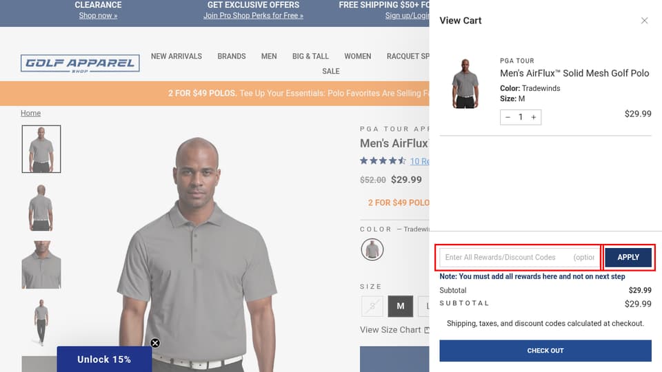 Golf Apparel Shop checkout page showing the Enter All Rewards/Discount Codes (optional) field and Apply button