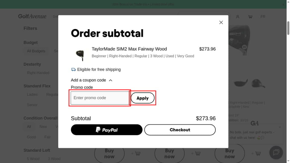 Golf Avenue checkout page showing the Enter promo code field and Apply button