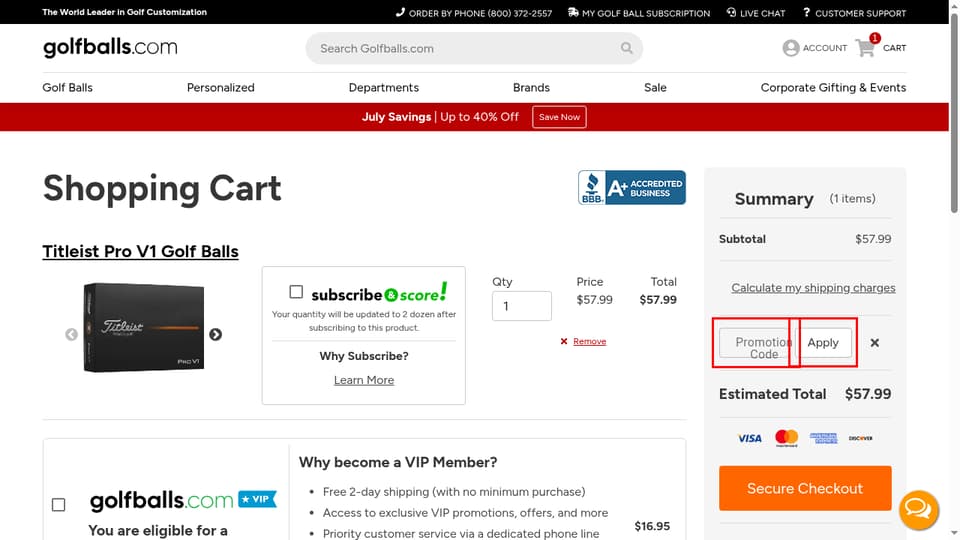 Golfballs.com checkout page showing the Promotion Code field and Apply button
