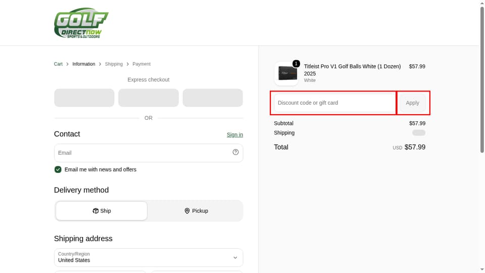 Golf Direct Now checkout page showing the Discount code or gift card field and Apply button