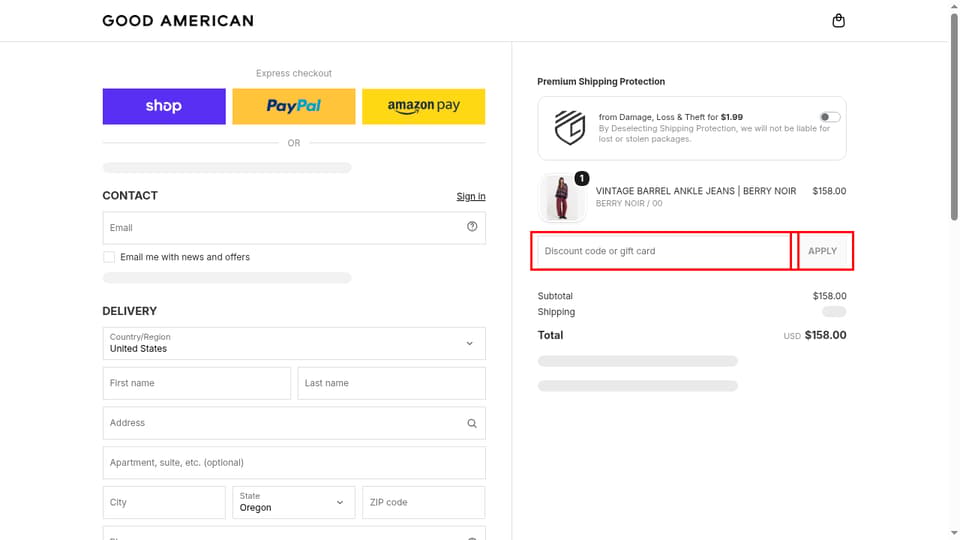 Good American checkout page showing the Discount code or gift card field and Apply button
