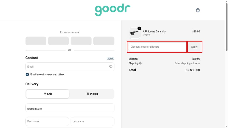 goodr checkout page showing the Discount code or gift card field and Apply button