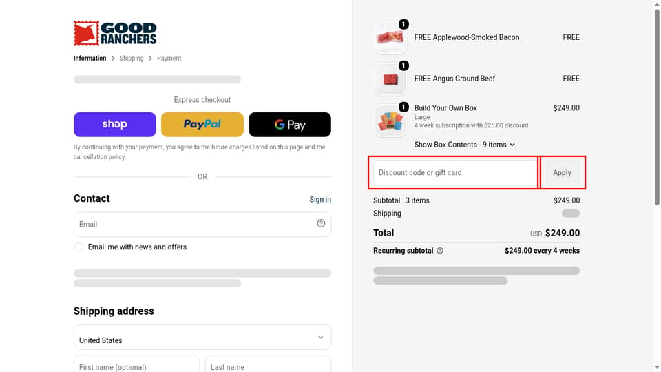 Good Ranchers checkout page showing the Discount code or gift card field and Apply button