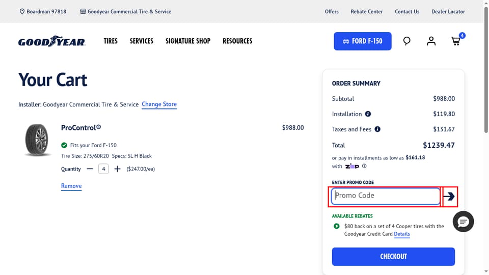 Goodyear checkout page showing the Promo Code field and Apply promo code button