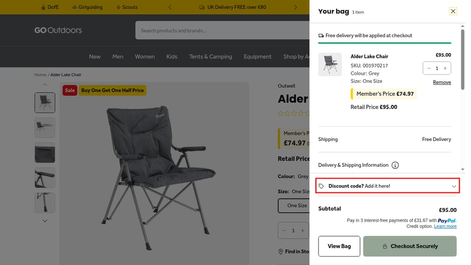 GO Outdoors checkout page showing the Discount field and Apply button