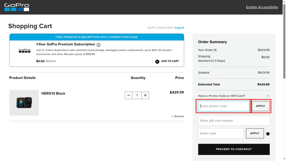 GoPro checkout page showing the Enter promo code field and Apply button