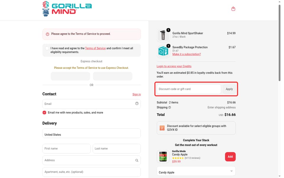 Gorilla Mind checkout page showing the Discount code or gift card field and Apply button