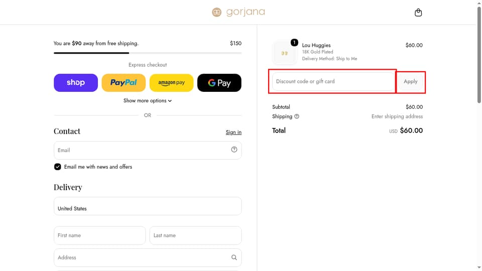 gorjana checkout page showing the Discount code or gift card field and Apply button