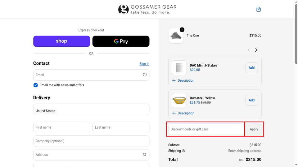 Gossamer Gear checkout page showing the Discount code or gift card field and Apply button