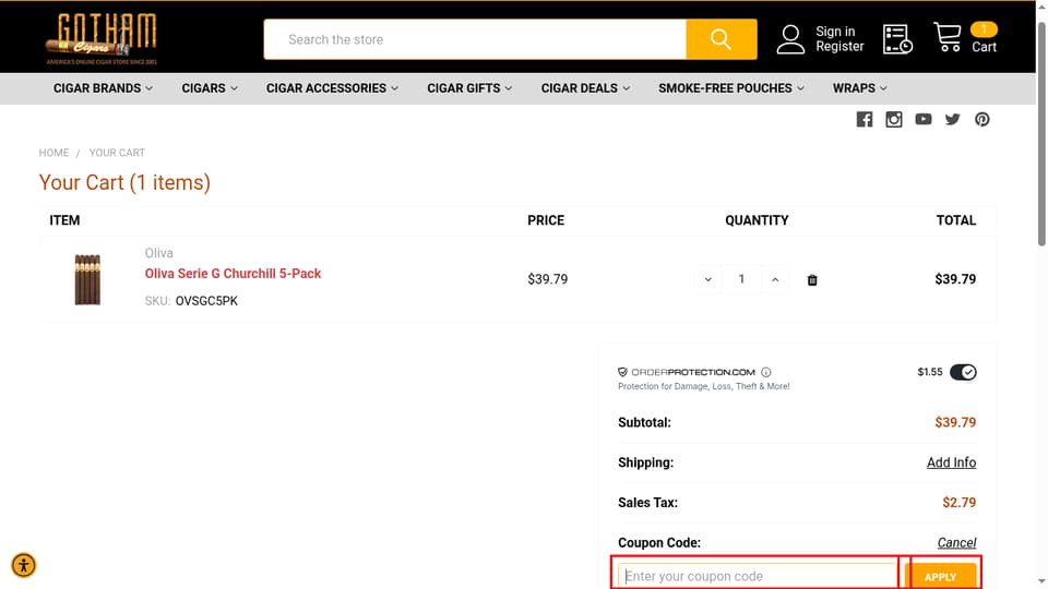 Gotham Cigars checkout page showing the Enter your coupon code field and Apply button