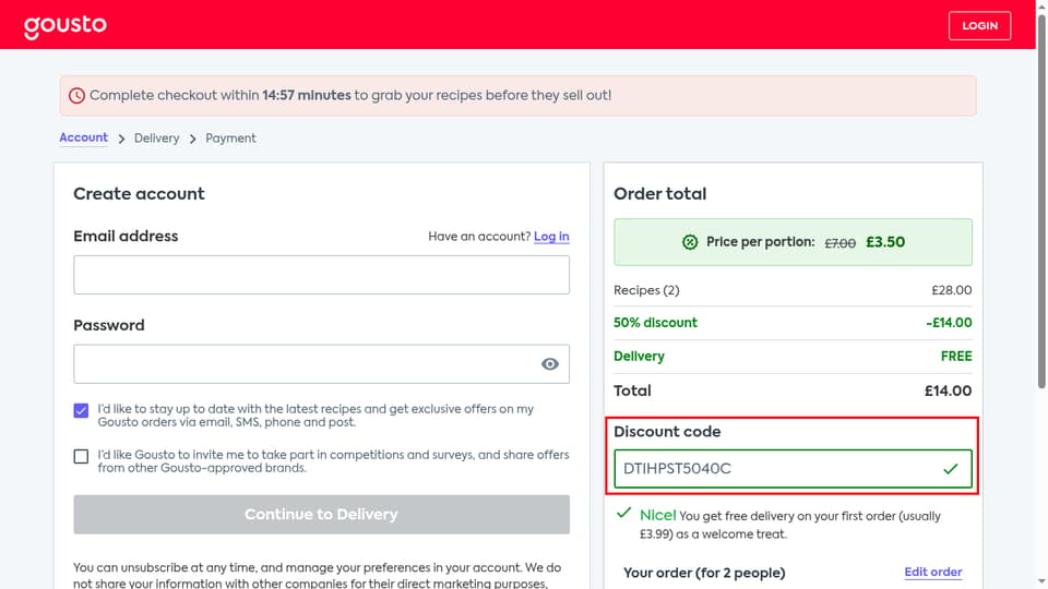 Gousto checkout page showing the Discount code field and Apply button