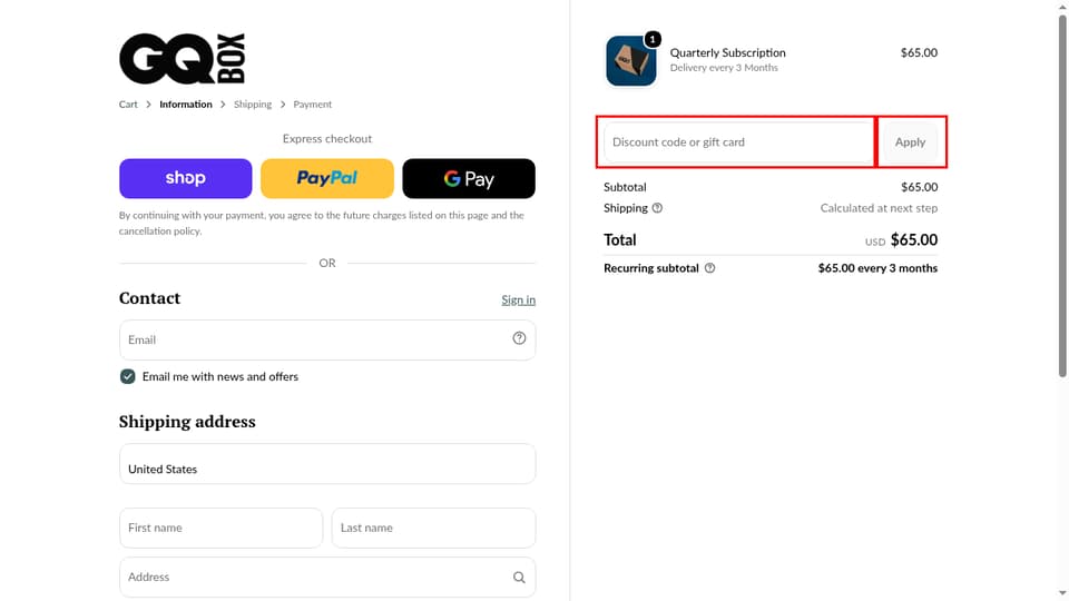 GQ Box checkout page showing the Discount code or gift card field and Apply button