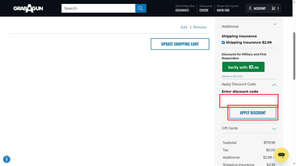 GrabAGun checkout page showing the Enter discount code field and Apply Discount button