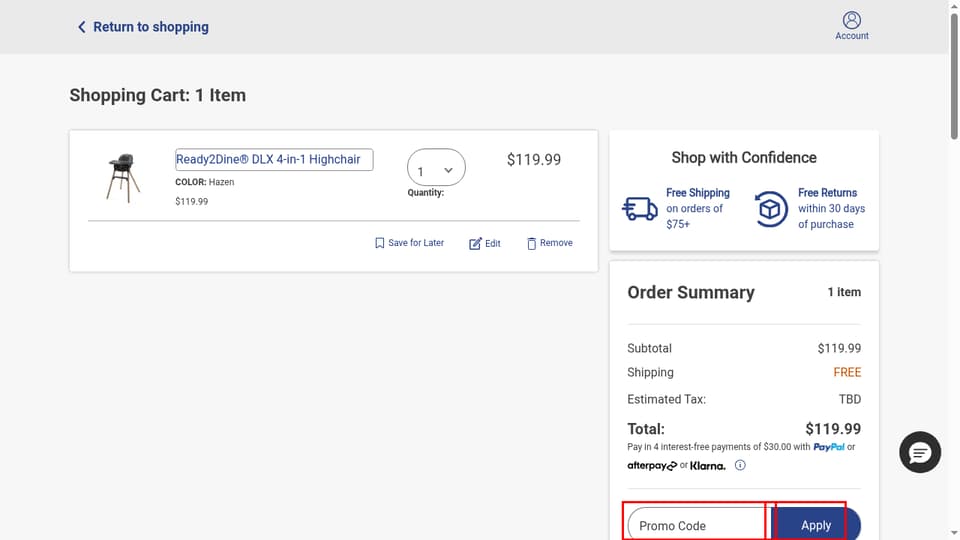 Graco checkout page showing the Promo Code field and Apply button