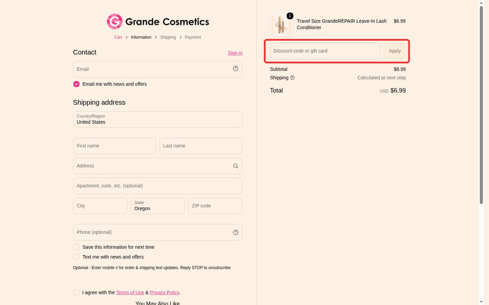Grande Cosmetics checkout page showing the Discount code or gift card field and Apply button