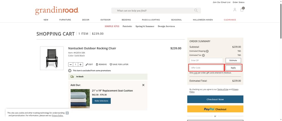Grandin Road checkout page showing the 