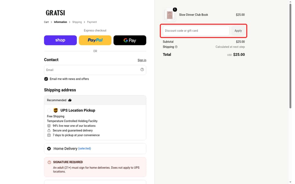 Gratsi checkout page showing the Discount code or gift card field and Apply button