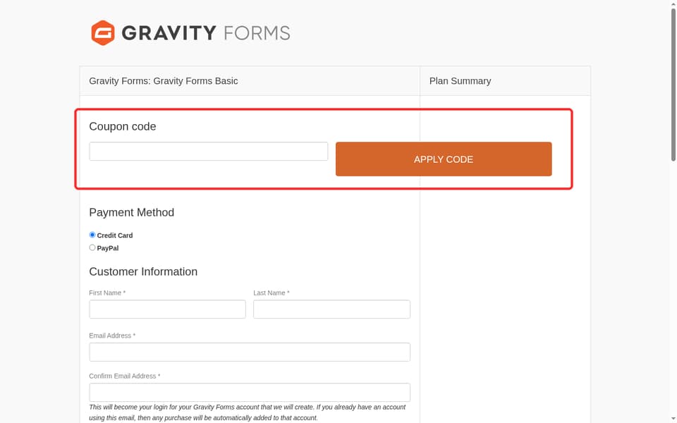 Gravity Forms checkout page showing the Coupon code field and Apply Code button
