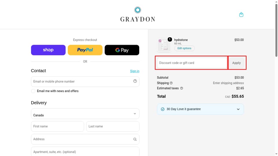 Graydon Skincare checkout page showing the Discount code or gift card field and Apply button