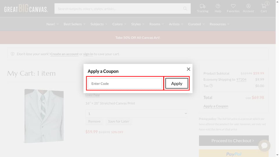 Great Big Canvas checkout page showing the Enter Code field and Apply button