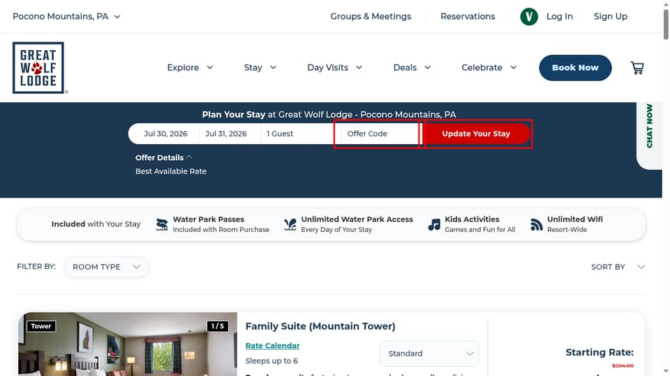 Great Wolf Lodge checkout page showing the Offer Code field and Update Your Stay button