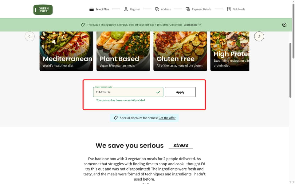 Green Chef checkout page showing the Enter promo code field and Apply button