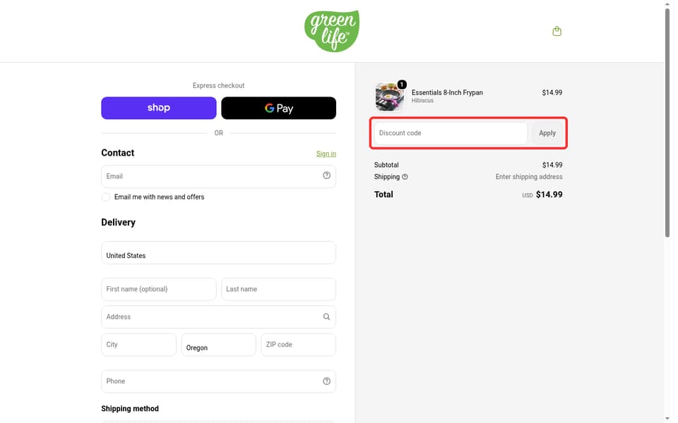 GreenLife checkout page showing the Discount code field and Apply button