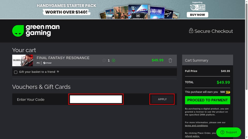 Green Man Gaming checkout page showing the Enter Your Code field and APPLY button