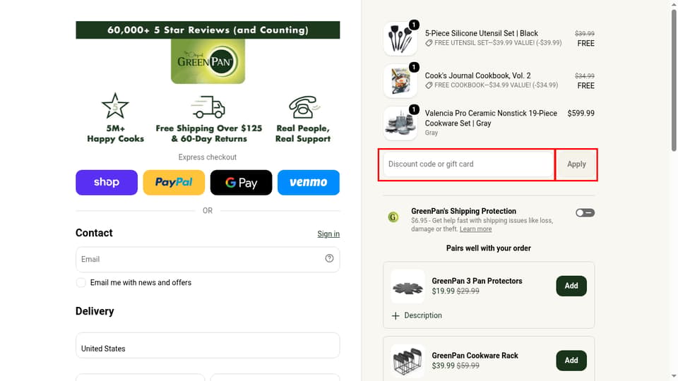 GreenPan checkout page showing the Discount code or gift card field and Apply button