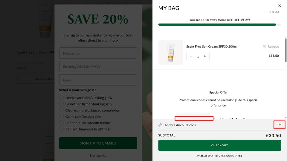 Green People checkout page showing the Discount code field and Apply button